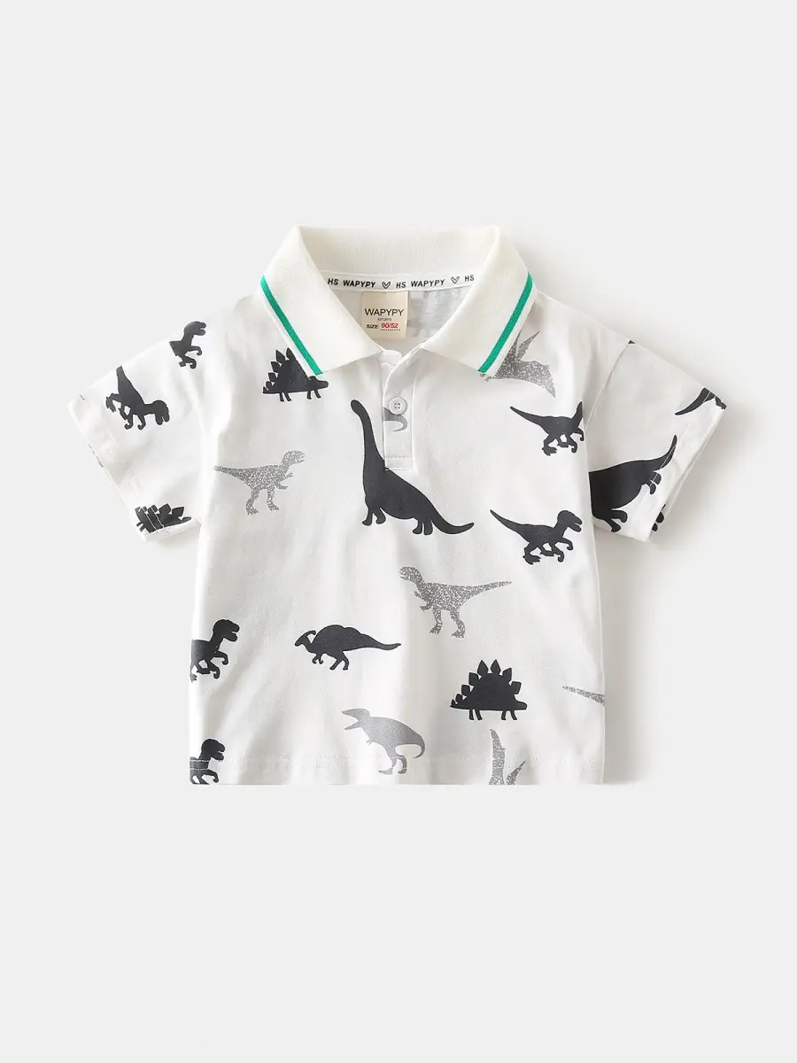 Kids Dinosaur Print Polo Shirt White 2026 Summer - Image 5