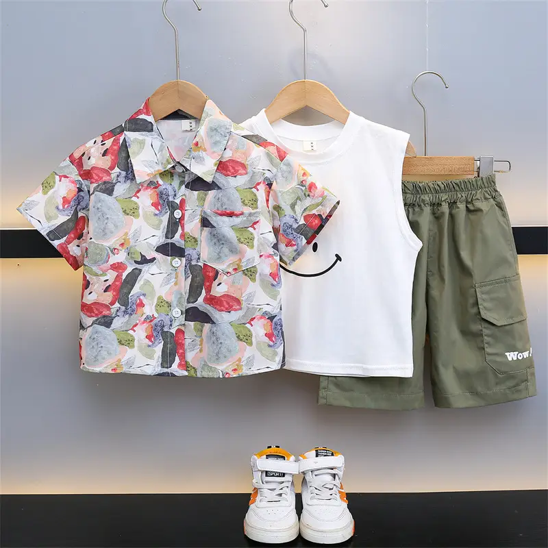 Boys 2-Piece Summer Suit Floral Cotton Green Cargo - Image 4