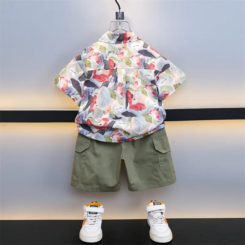 Boys 2-Piece Summer Suit Floral Cotton Green Cargo - Image 5