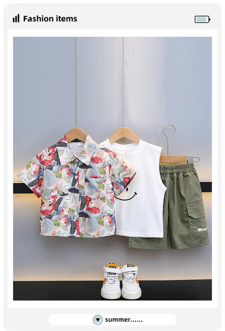 Boys 2-Piece Summer Suit Floral Cotton Green Cargo — feature 1
