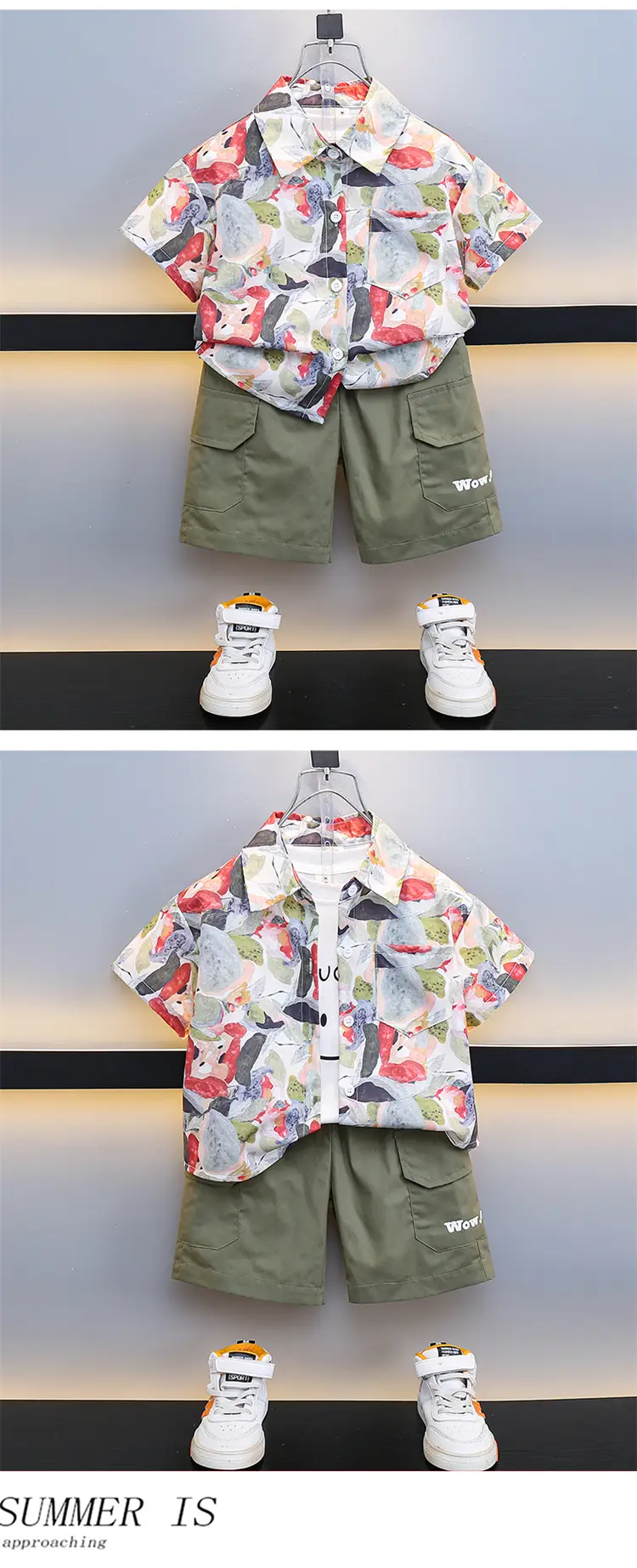 Boys 2-Piece Summer Suit Floral Cotton Green Cargo — feature 6