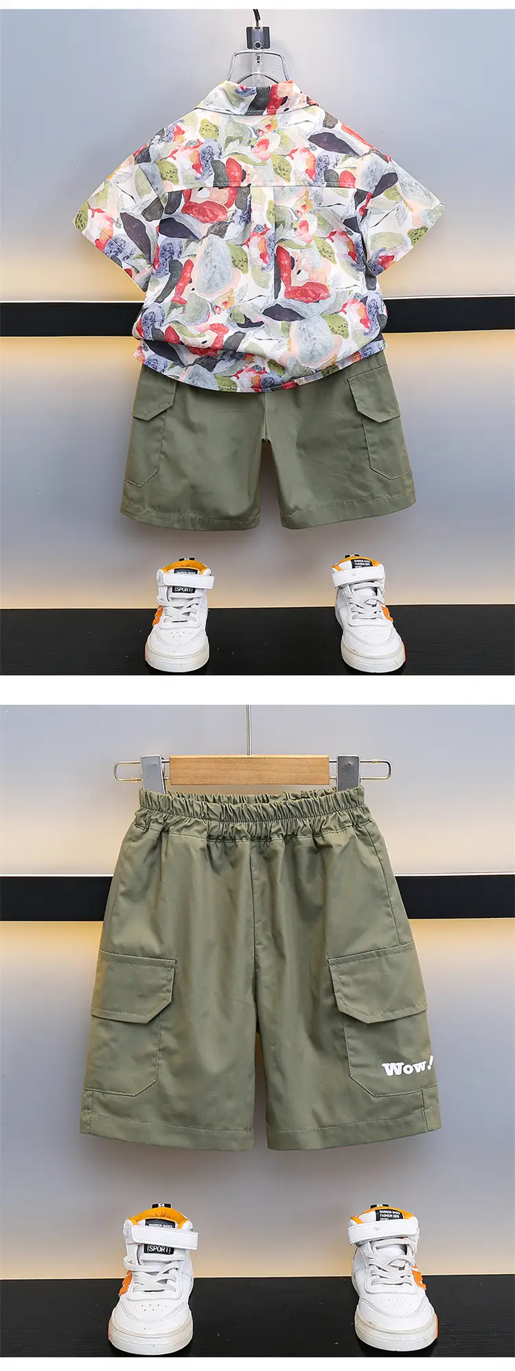 Boys 2-Piece Summer Suit Floral Cotton Green Cargo — feature 7