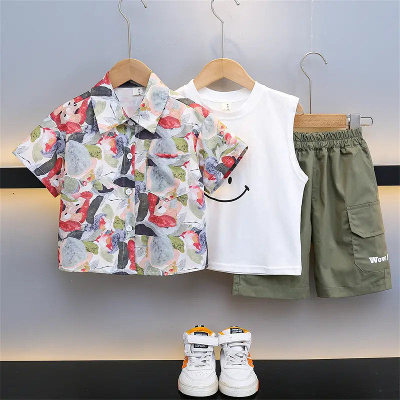 Boys 2-Piece Summer Suit Floral Cotton Green Cargo - Image 2