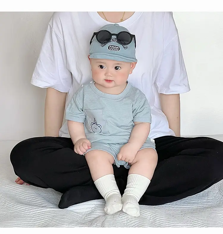 Baby Short Sleeve Striped T-Shirt Shorts Set Light Blue — feature 15