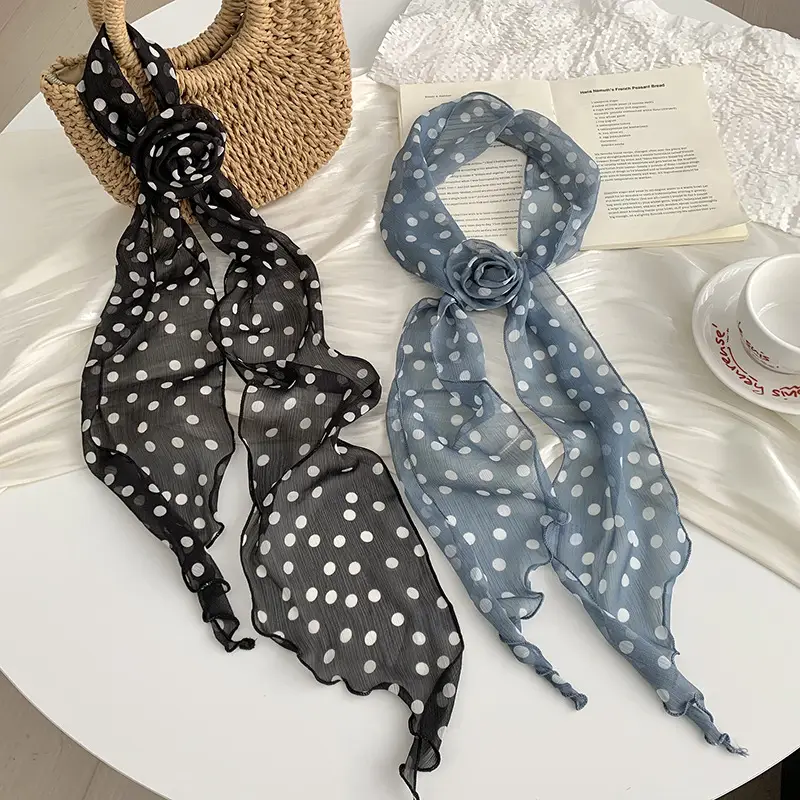 Chiffon Silk Neck Scarf Black White Checkered Wave Dot Headscarf - Image 8