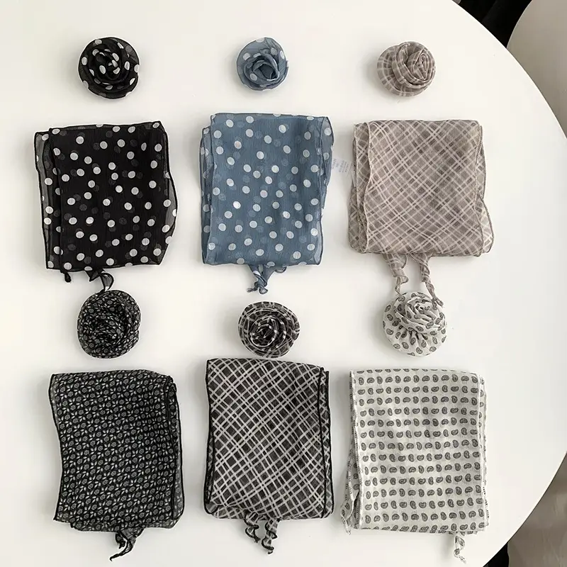Chiffon Silk Neck Scarf Black White Checkered Wave Dot Headscarf - Image 9