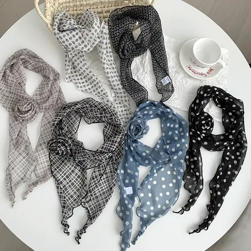 Chiffon Silk Neck Scarf Black White Checkered Wave Dot Headscarf - Image 10