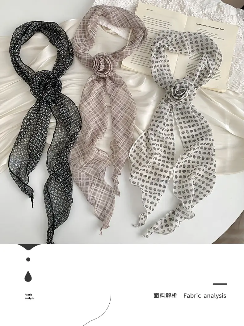 Chiffon Silk Neck Scarf Black White Checkered Wave Dot Headscarf — feature 1