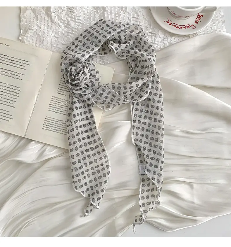Chiffon Silk Neck Scarf Black White Checkered Wave Dot Headscarf — feature 11
