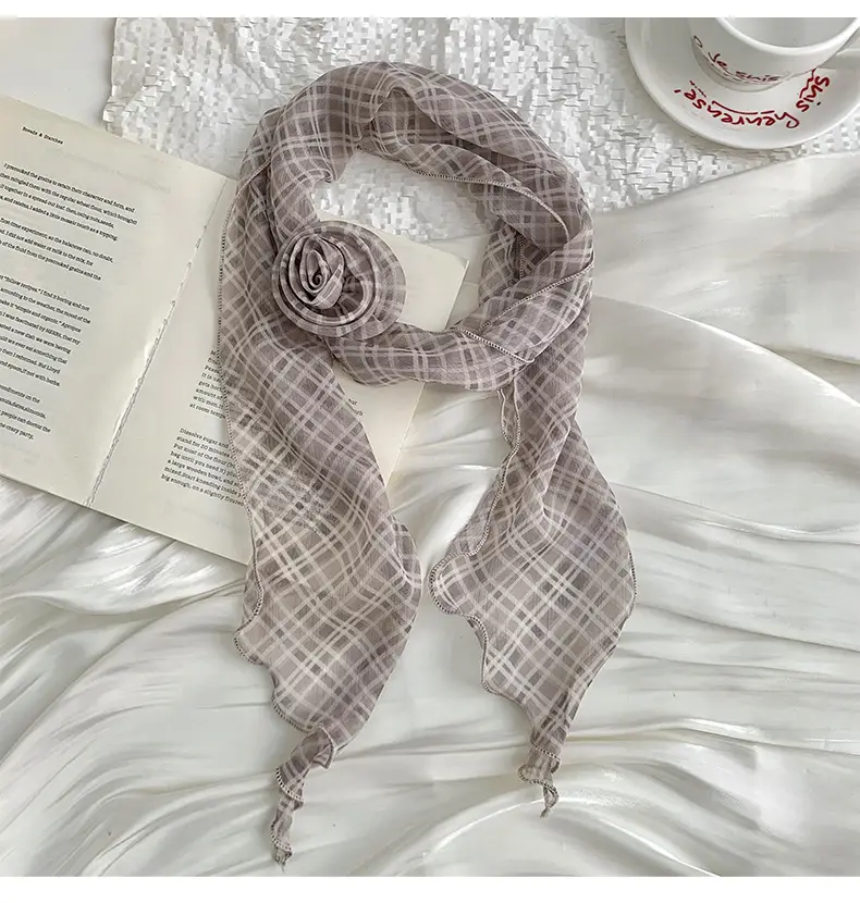 Chiffon Silk Neck Scarf Black White Checkered Wave Dot Headscarf — feature 12