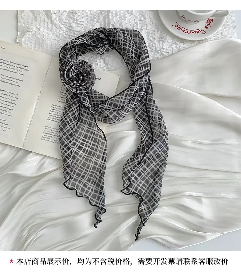 Chiffon Silk Neck Scarf Black White Checkered Wave Dot Headscarf — feature 13