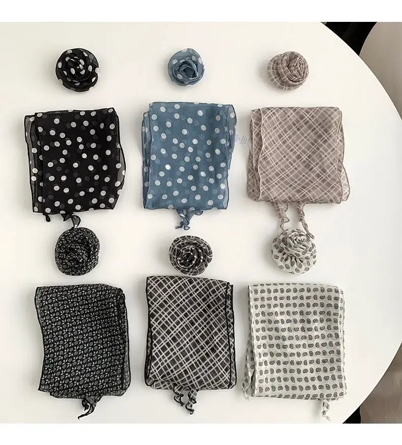 Chiffon Silk Neck Scarf Black White Checkered Wave Dot Headscarf — feature 4