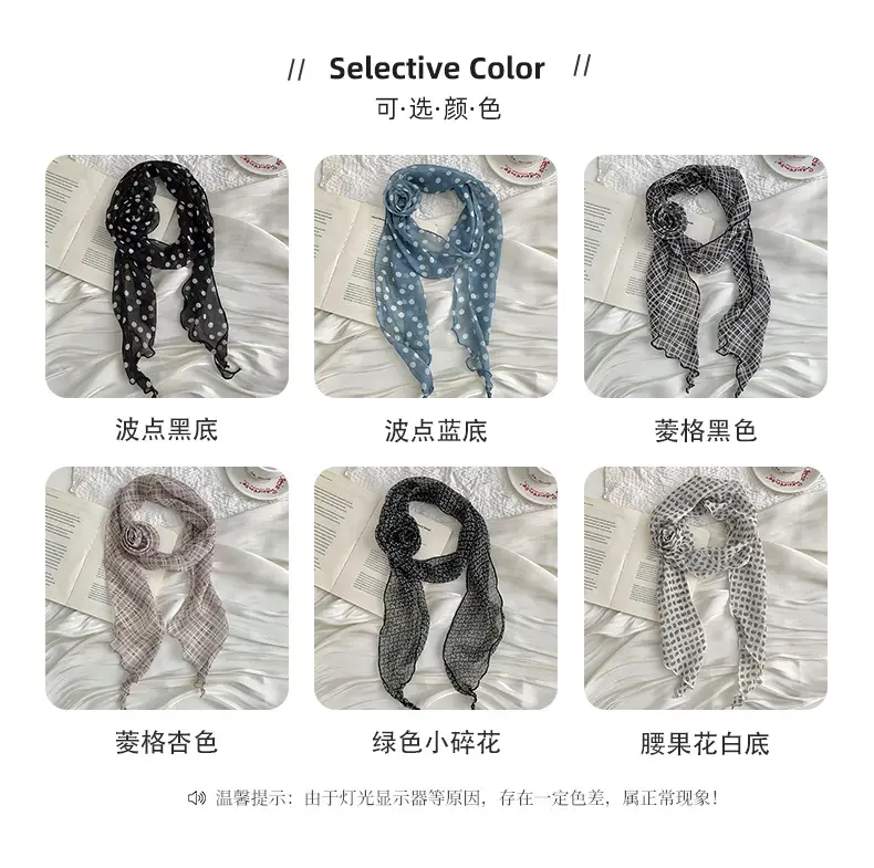 Chiffon Silk Neck Scarf Black White Checkered Wave Dot Headscarf — feature 5