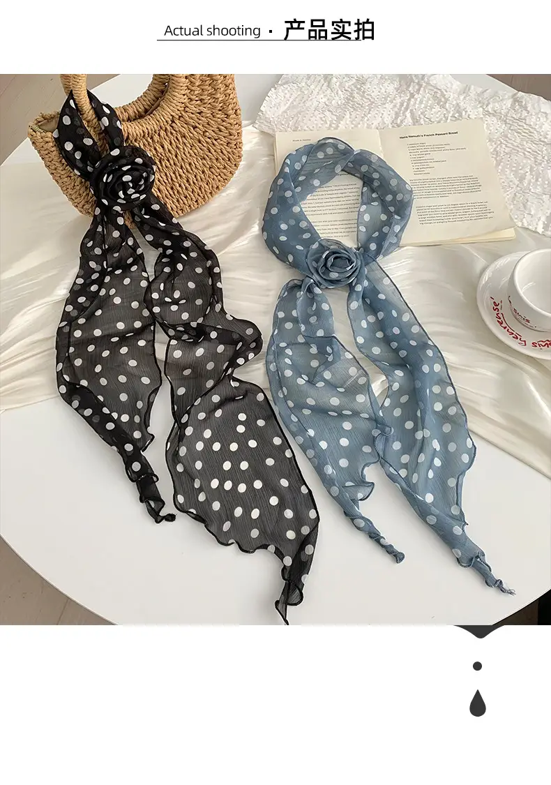 Chiffon Silk Neck Scarf Black White Checkered Wave Dot Headscarf — feature 6