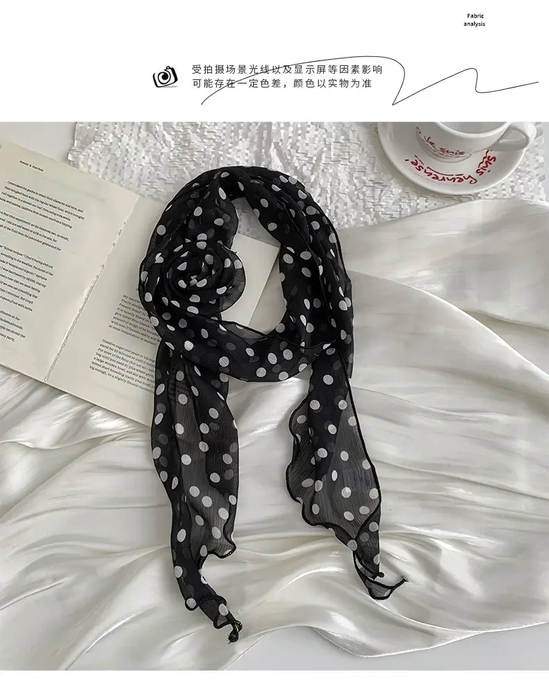 Chiffon Silk Neck Scarf Black White Checkered Wave Dot Headscarf — feature 7