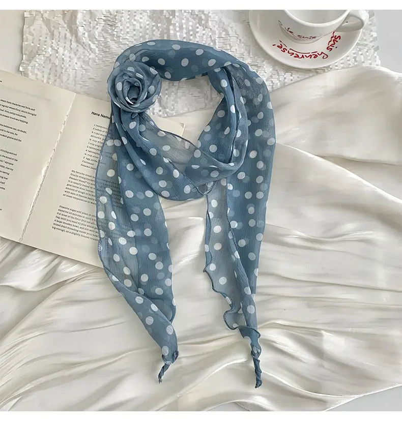 Chiffon Silk Neck Scarf Black White Checkered Wave Dot Headscarf — feature 8