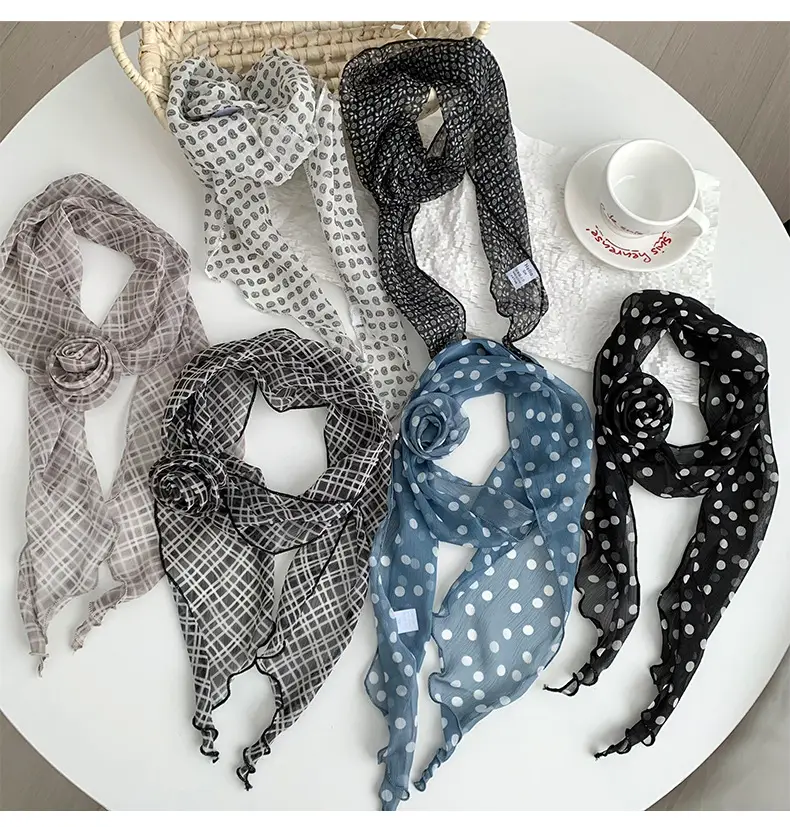 Chiffon Silk Neck Scarf Black White Checkered Wave Dot Headscarf — feature 9