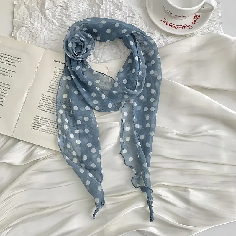 Chiffon Silk Neck Scarf Black White Checkered Wave Dot Headscarf - Image 2