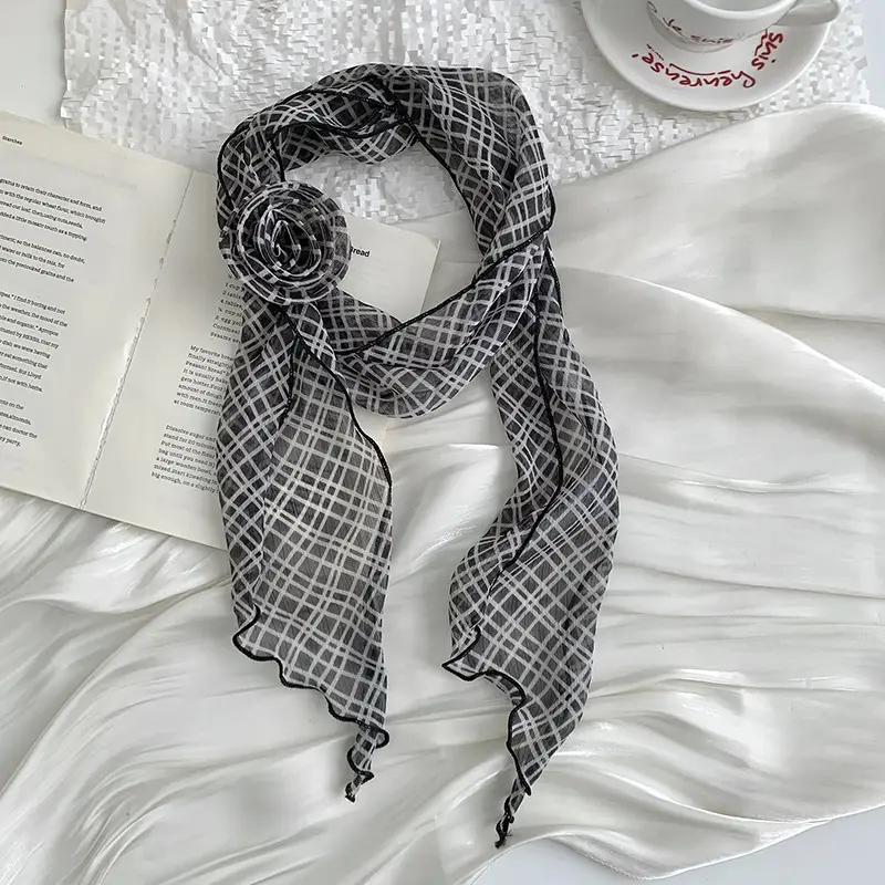 Chiffon Silk Neck Scarf Black White Checkered Wave Dot Headscarf - Image 3