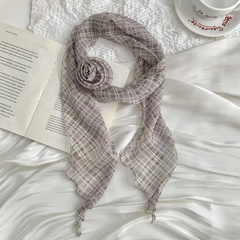 Chiffon Silk Neck Scarf Black White Checkered Wave Dot Headscarf - Image 4