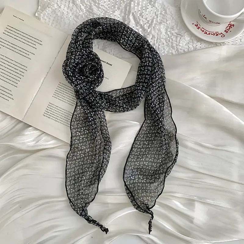 Chiffon Silk Neck Scarf Black White Checkered Wave Dot Headscarf - Image 5