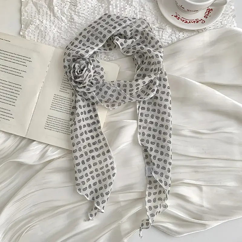 Chiffon Silk Neck Scarf Black White Checkered Wave Dot Headscarf - Image 6