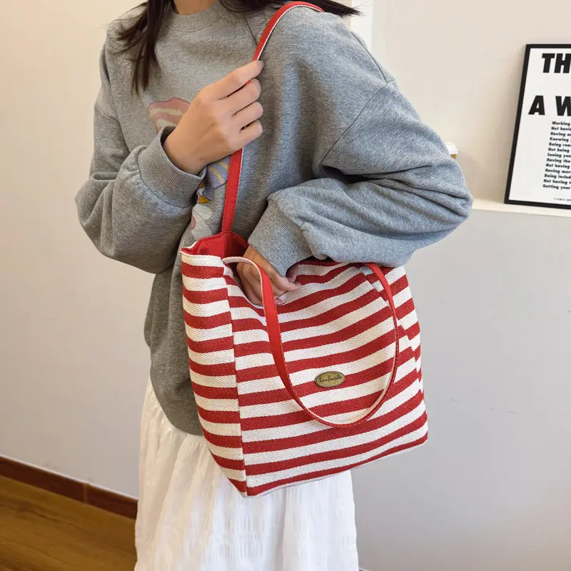 Red White Striped Korean Style Tote Bag Large Capacity - Image 7