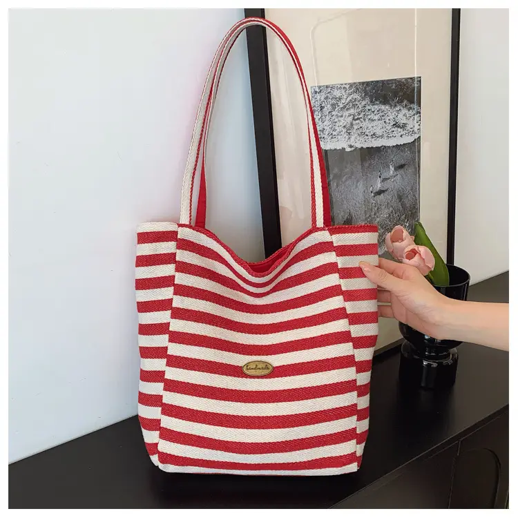 Red White Striped Korean Style Tote Bag Large Capacity — feature 24