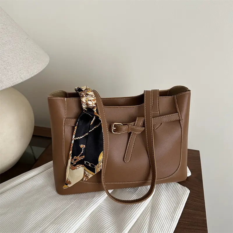 Women Brown Leather Tote Bag with Silk Strap 2025