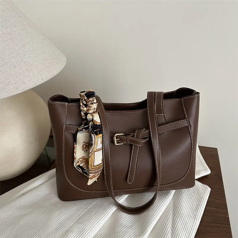 Women Brown Leather Tote Bag with Silk Strap 2025
