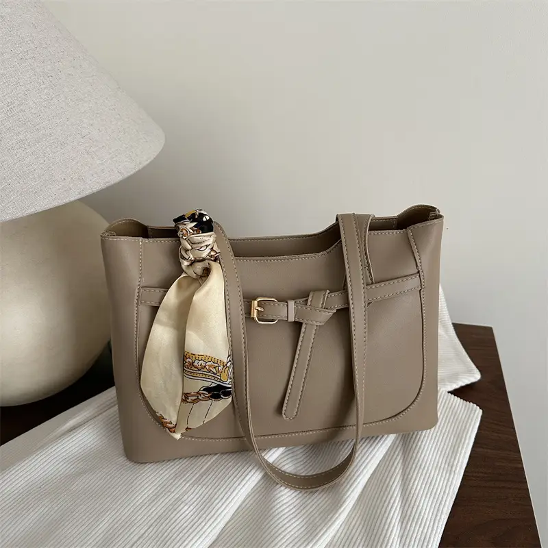 Women Brown Leather Tote Bag with Silk Strap 2025