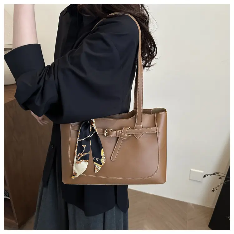 Women Brown Leather Tote Bag with Silk Strap 2025 — feature 18