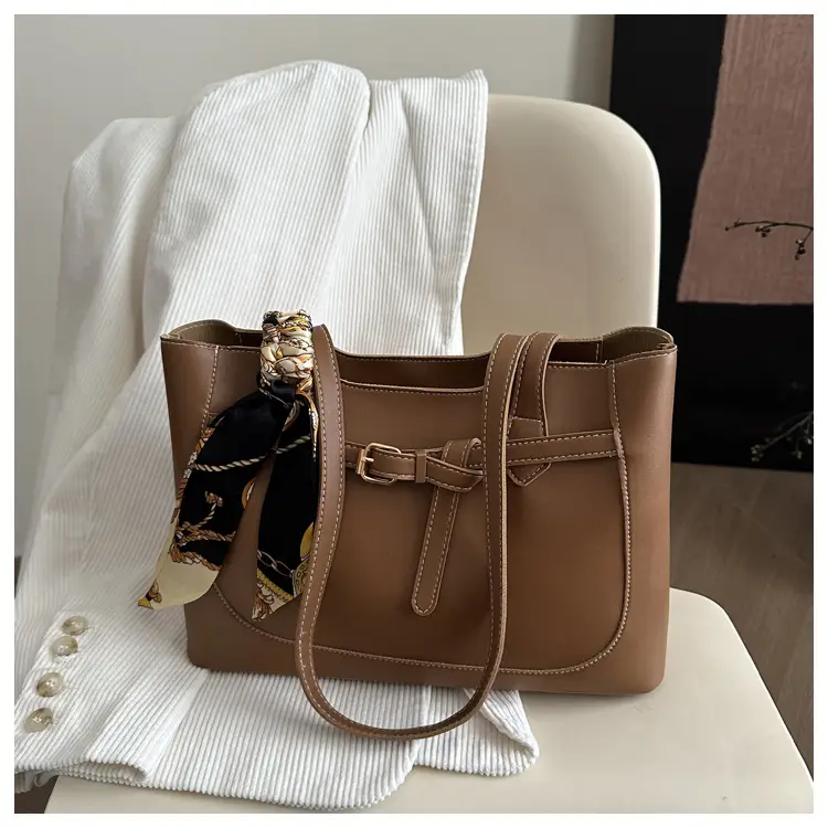 Women Brown Leather Tote Bag with Silk Strap 2025 — feature 8