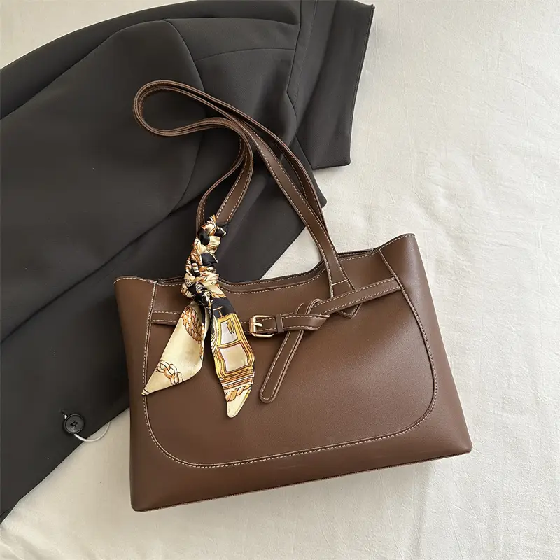 Women Brown Leather Tote Bag with Silk Strap 2025