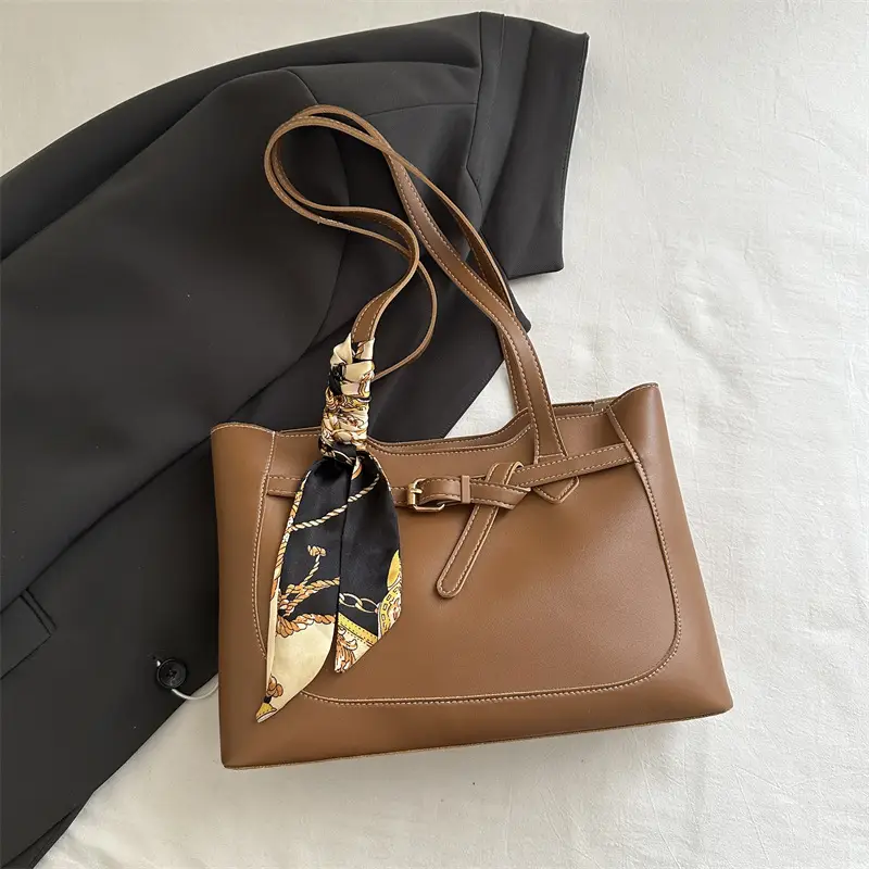 Women Brown Leather Tote Bag with Silk Strap 2025