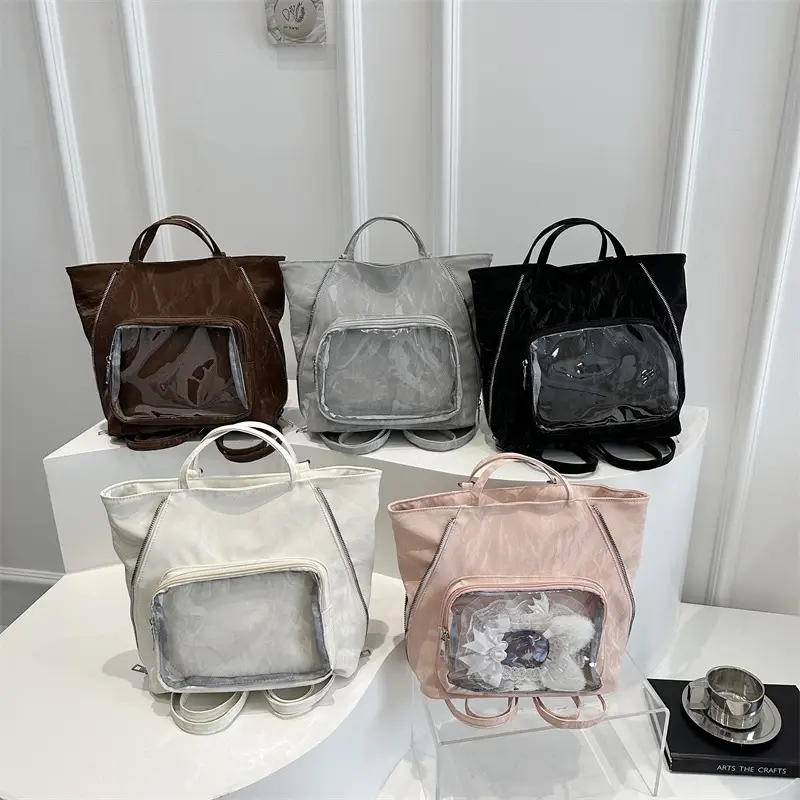 Women's Transparent Pocket Tote Bag Cream Large Capacity - Image 7
