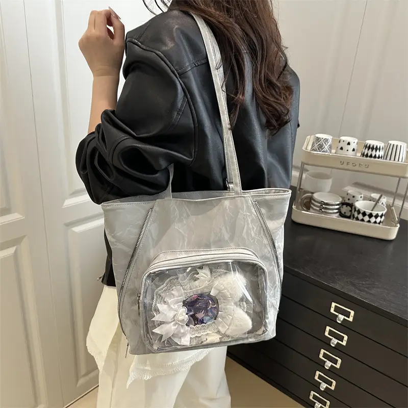 Women's Transparent Pocket Tote Bag Cream Large Capacity - Image 8