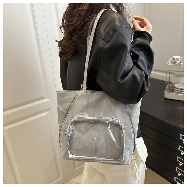 Women's Transparent Pocket Tote Bag Cream Large Capacity — feature 11