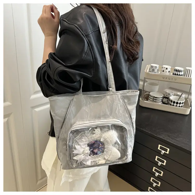 Women's Transparent Pocket Tote Bag Cream Large Capacity — feature 12
