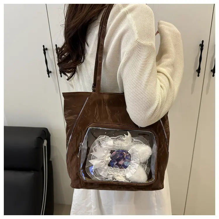 Women's Transparent Pocket Tote Bag Cream Large Capacity — feature 15