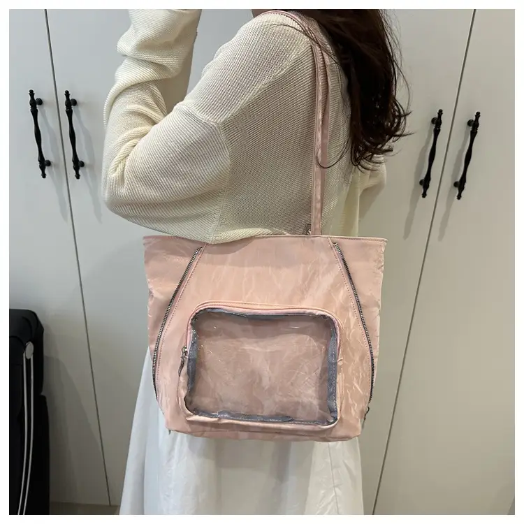 Women's Transparent Pocket Tote Bag Cream Large Capacity — feature 17
