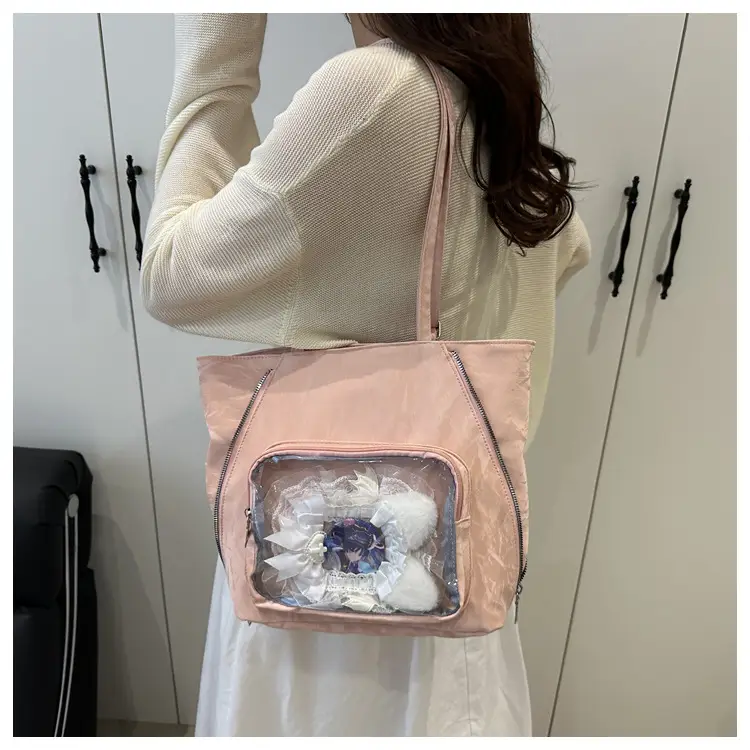 Women's Transparent Pocket Tote Bag Cream Large Capacity — feature 18