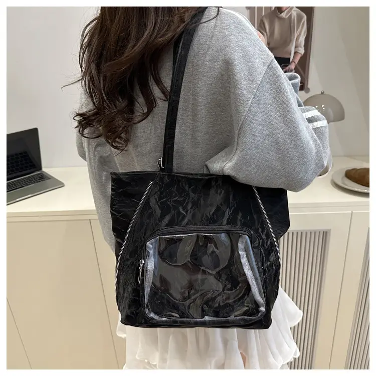 Women's Transparent Pocket Tote Bag Cream Large Capacity — feature 20