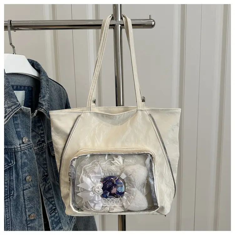 Women's Transparent Pocket Tote Bag Cream Large Capacity — feature 23