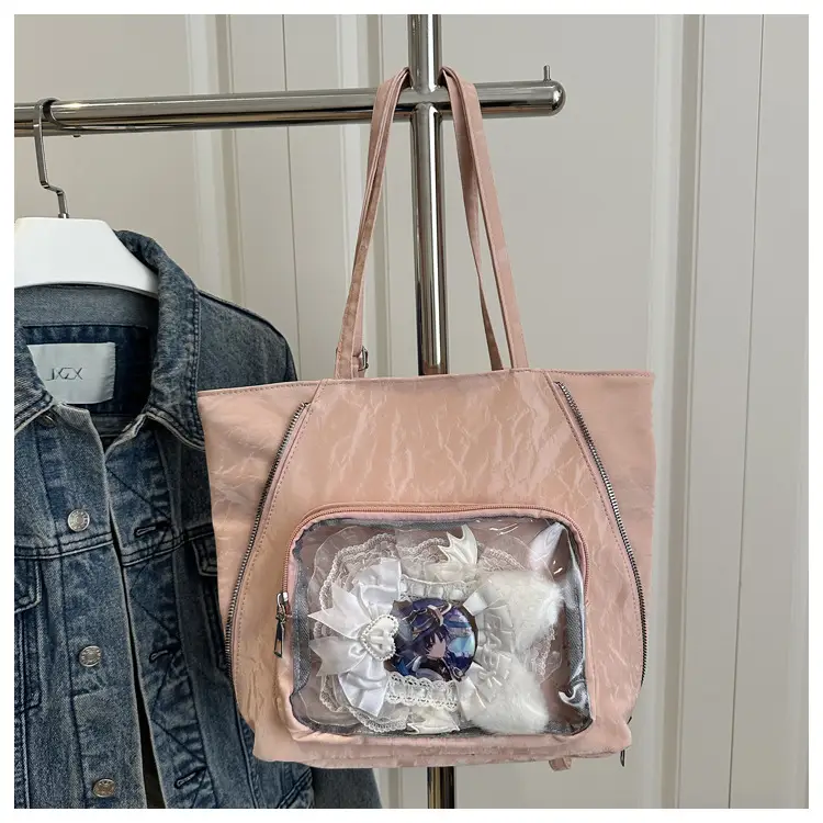 Women's Transparent Pocket Tote Bag Cream Large Capacity — feature 25