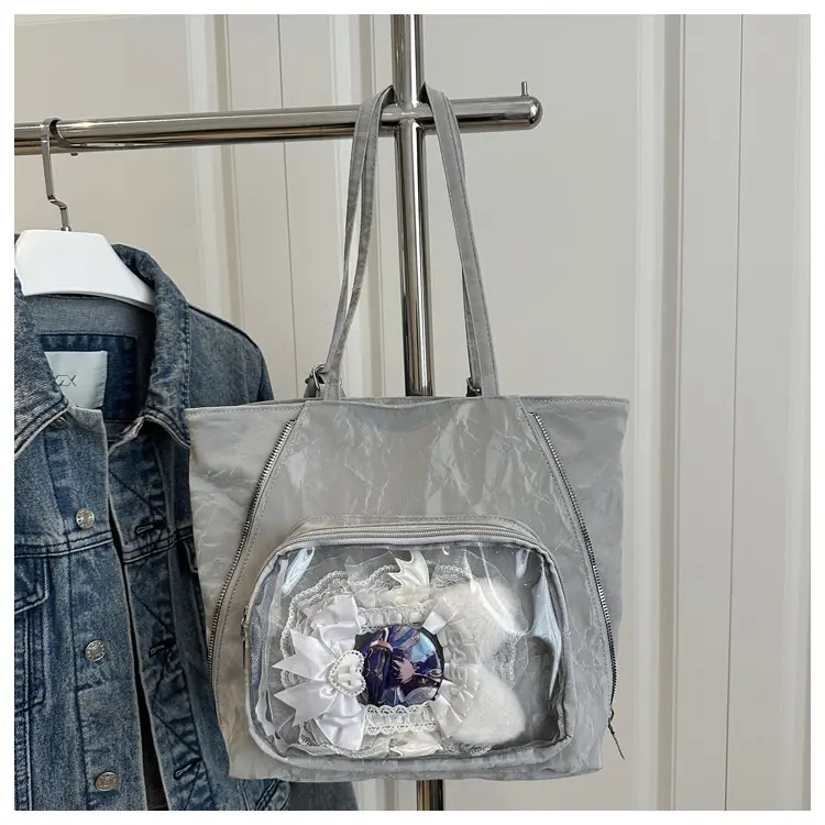 Women's Transparent Pocket Tote Bag Cream Large Capacity — feature 27