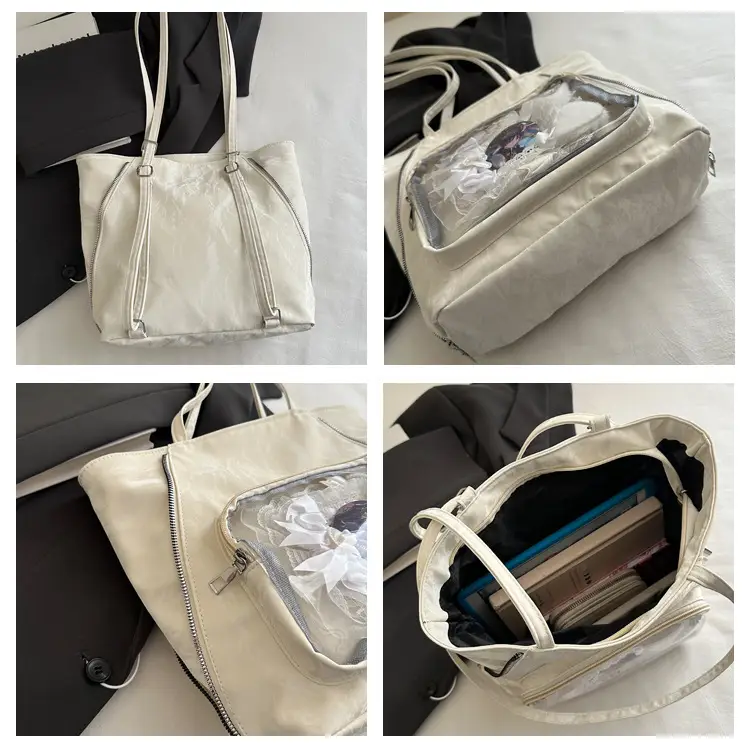 Women's Transparent Pocket Tote Bag Cream Large Capacity — feature 7