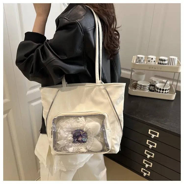 Women's Transparent Pocket Tote Bag Cream Large Capacity — feature 8