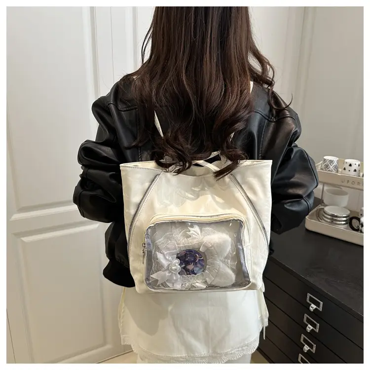 Women's Transparent Pocket Tote Bag Cream Large Capacity — feature 9