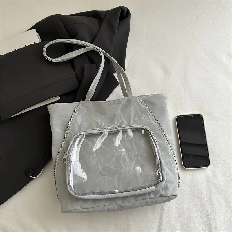 Women's Transparent Pocket Tote Bag Cream Large Capacity - Image 2